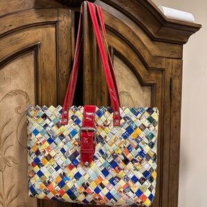 Nahui Ollin Colorful Woven Tote with Red Straps